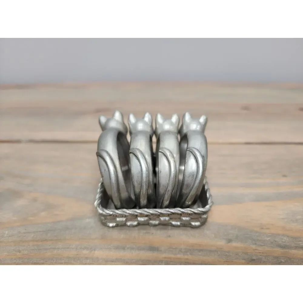 Vtg 80s Kitty Cats in Basket Pewter Napkin Rings Set of 4 Seagull Canada